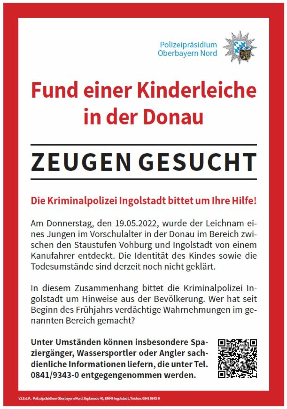 Die Bayerische Polizei - Fund einer Kinderleiche in der Donau -  Ermittlungen dauern an